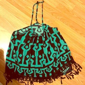 Green and black tribal print top with lace bottom